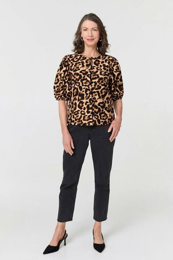 Beige | Animal Print Bow Front Puff Sleeve Shirt
