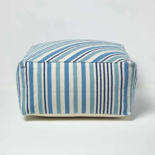 HOMESCAPES Blue and White Stripe Bean Filled Pouffe