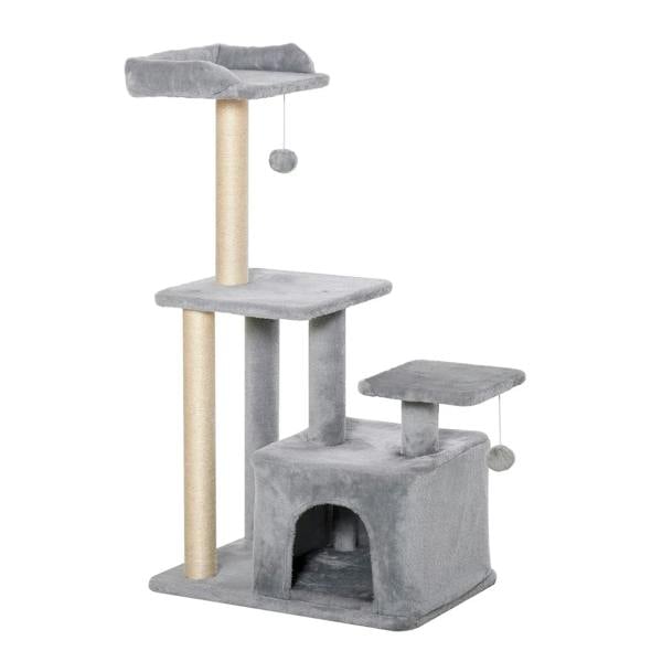 Light grey cat tree tower with sisal posts, plush platforms, and a hanging ball