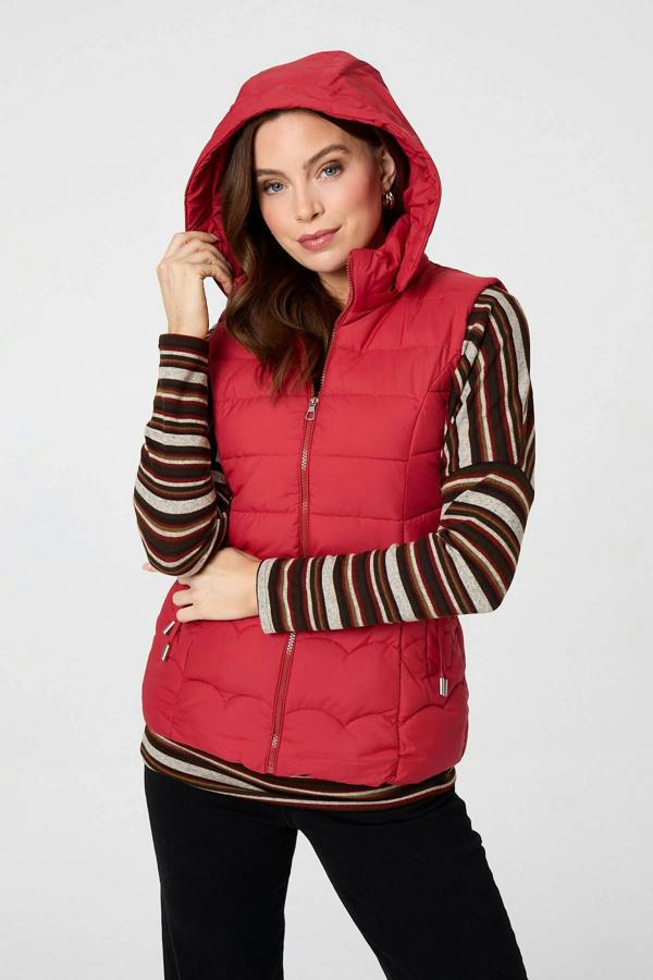 Red | Hooded Padded Sleeveless Puffer Gilet
