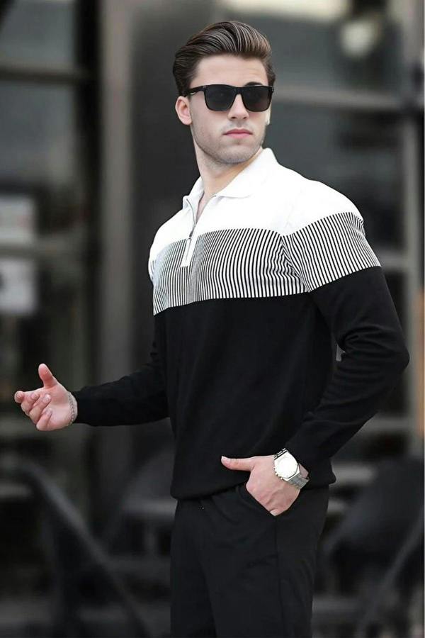 WOVCOR Zipper Collar Color Block Long Sleeve Men's Sweater