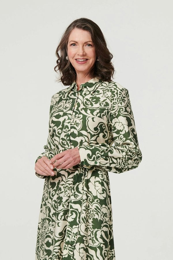 Green | Printed Long Sleeve Shirt Midi Dress
