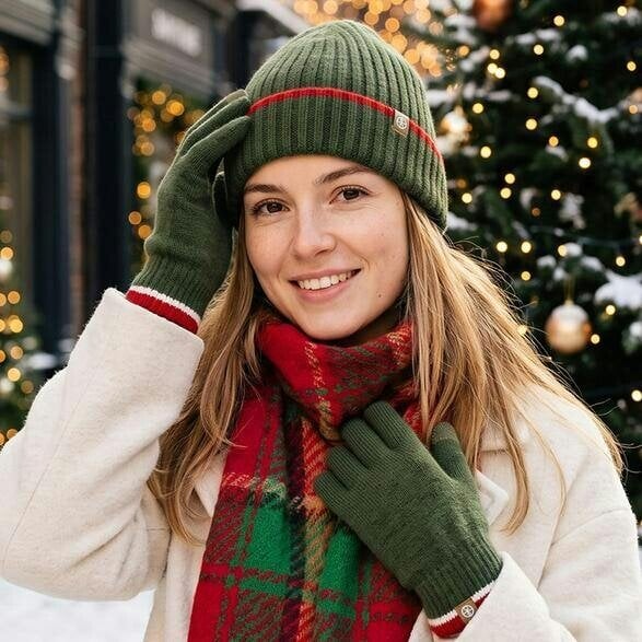 Obasyhig Christmas Check Knitted Hat Scarf and Gloves 3 Piece Set