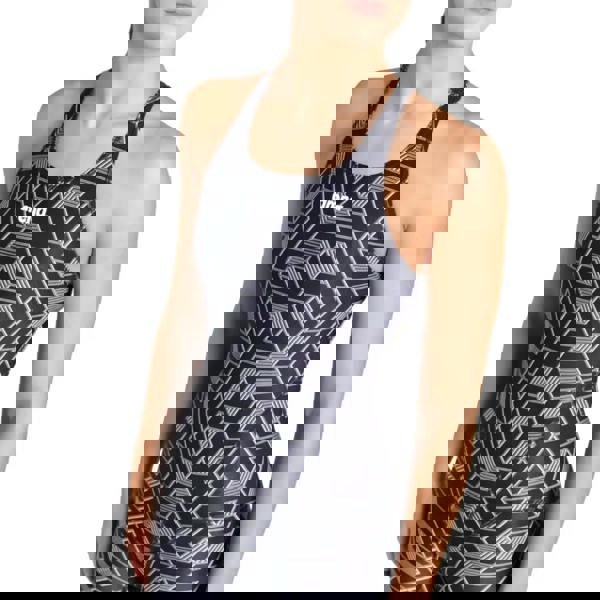 Arena Escape black and white geometric racerback body kneesuit with maxlife eco chlorine resistance