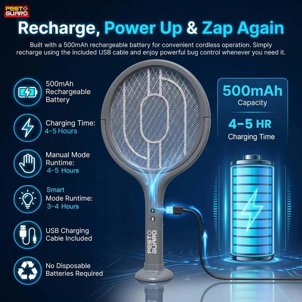 Electric Bug Zapper Telescopic Fly Swatter Racket - USB Type C Rechargeable with Rotatable Head For Mosquito & Flying Insect Control
