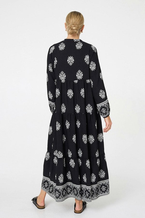 Black | Border Print Tier Long Sleeve Maxi Dress
