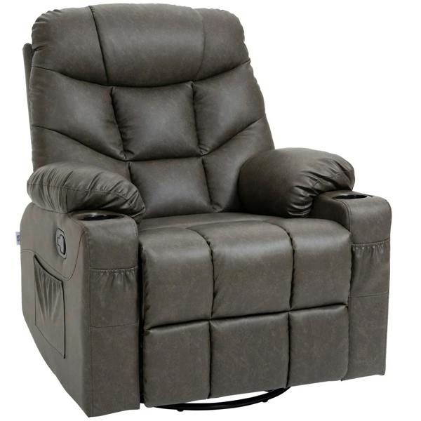 Manual reclining armchair in dark faux leather with padded headrest and armrests