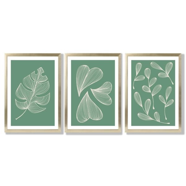 Set of 3 Green Minimal Sketch Leaves  Framed Art Prints with Gold Wood Frames
