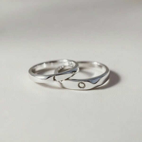 The Colourful Aura Flat Top Moon and Sun Promise Couple Matching Ring Set