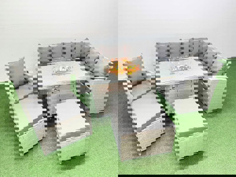 Fimous Rattan Corner Sofa Chair Set Outdoor Furniture Garden Dining Set Gas Fire Pit Table with Temper Glass 2 Big Footstools Light Grey Mixed