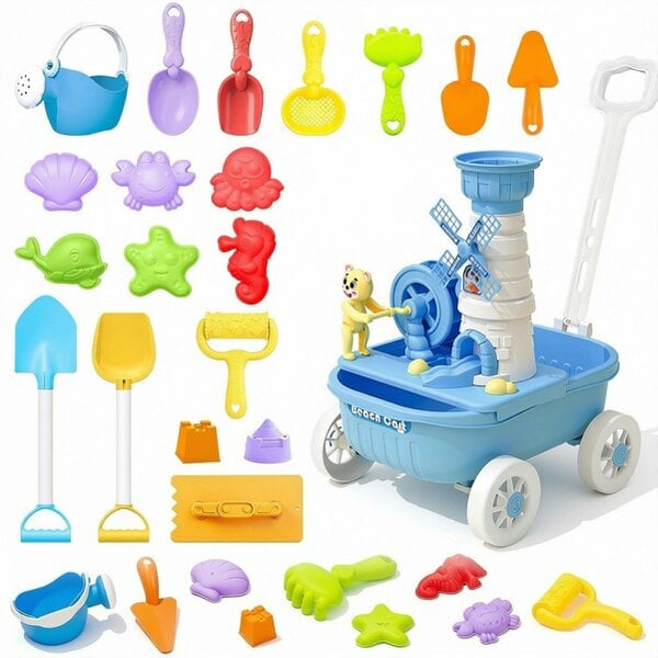 deAO Toys Kids Beach Cart Sand & water Toy Set - Windmill Sand Wheel, Moulds, Shovels & Accessories - Outdoor Summer Play Set