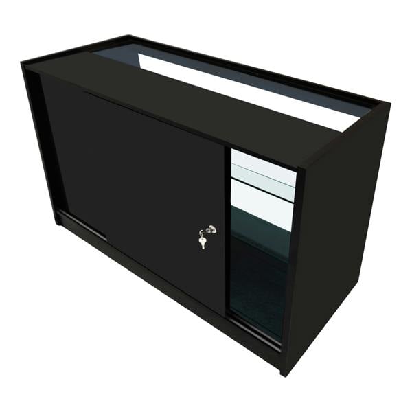 Black Astro LED shop counter set featuring sleek design, sliding doors, glass display shelves, and modern finish for retail use