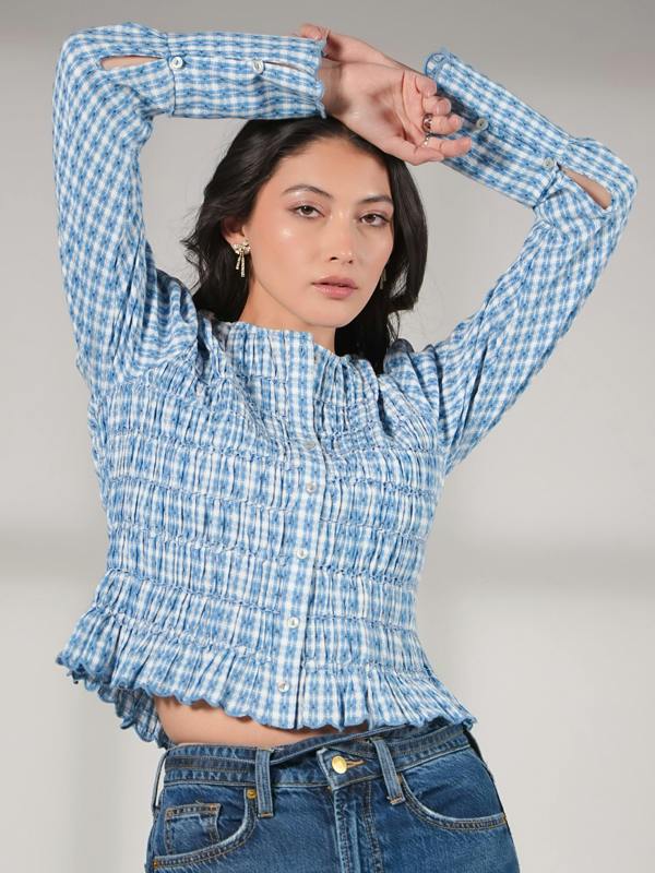 Rose & Nancy Mary Blue Gingham Check Smocked Blouse