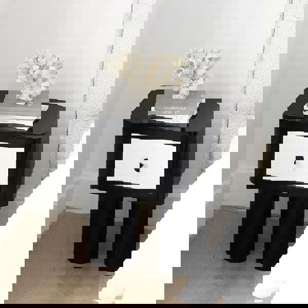 Detail view of Seymour Bedside Table, Black and White with small dining room table for 2