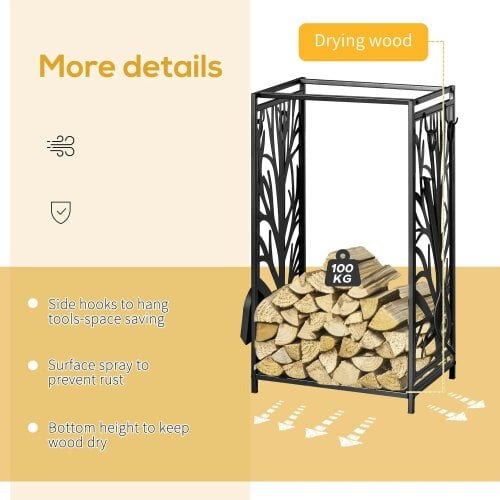 Bobobiy Steel Firewood Log Holder Firewood Rack Fireplace Wood Storage Shelf with 4 Tools, Tree Pattern Design, Black, 46W x 30D x 70H cm