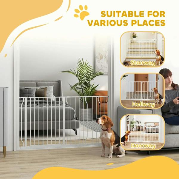 White dog safety gate suitable for stairway hallway and doorway usage illustration