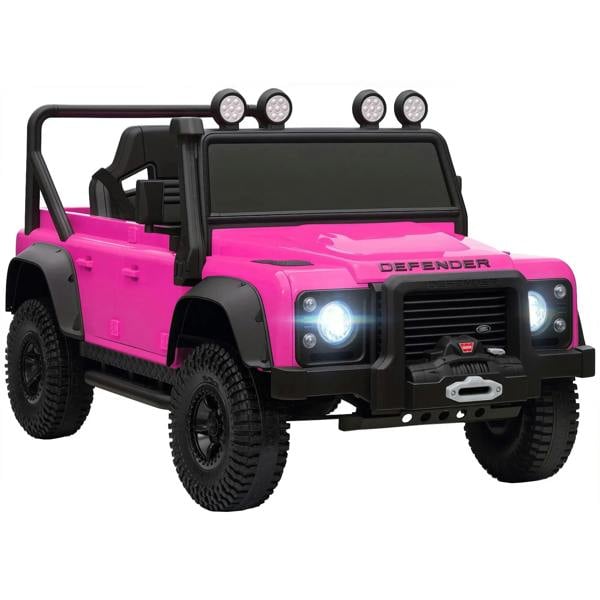 Pink kids electric ride-on car with LED headlights, rugged black wheels and suspension