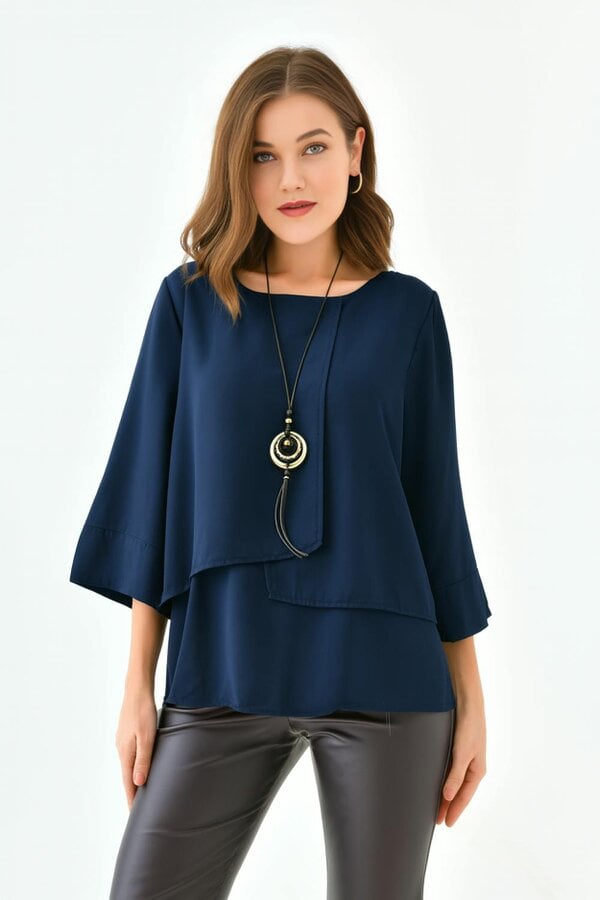 Hoxton Gal Oversized Fit 3/4 Sleeve Asymmetric Layered Blouse in Navy with Necklace