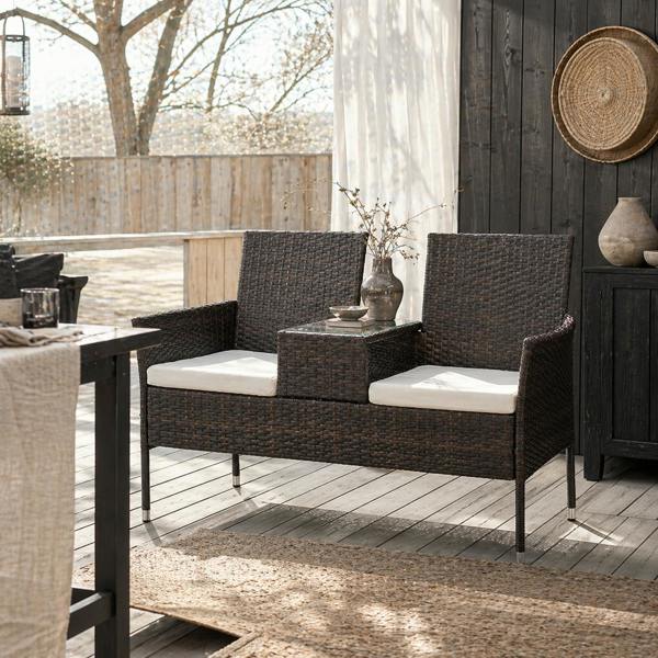 Wyld Haus Renata Faux Rattan Brown 2 Seat Garden Chair With Integrated Coffee Table