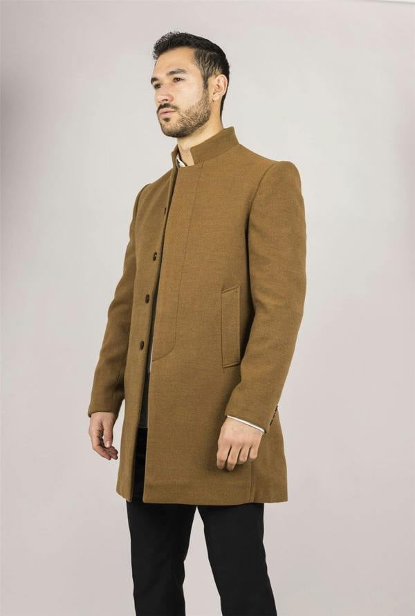 Infinity Leather Men's Tan Stand Collar Wool Blend Overcoat