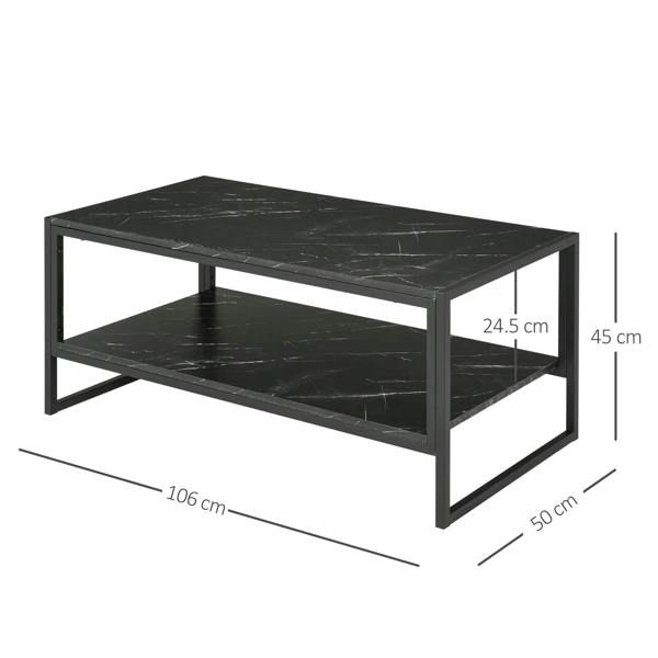 Black two-tier coffee table with faux marble effect surfaces and metal frame, storage shelf