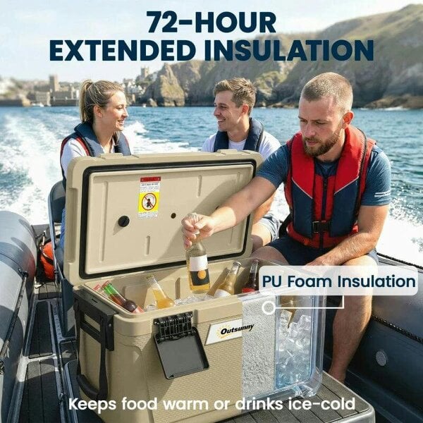 Bobobiy 42.6L Insulated Cool Box, Lightweight Portable Ice Cooler with Handle, Lid and Drain Valve, Khaki