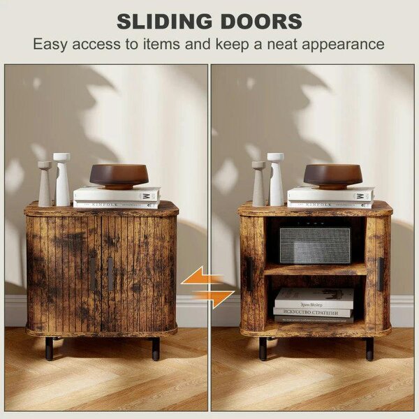 Wyld Haus Pasaba Brown Nordic Bedside Table With Tambour Sliding Door And Metal Legs
