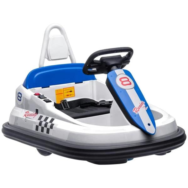 Kids electric bumper car, white body with blue trim, black steering wheel and seat