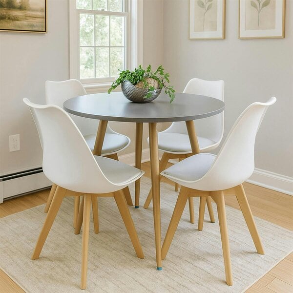 Kosy Koala Dining Table And 4 Chairs Grey Round Table With 4 Grey Plastic Chairs Dining Room Furniture - Grey - Table + 4 white tulip chairs