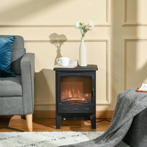 Bobobiy Electric Fireplace Stove, Freestanding Fireplace Heater with Realistic LED Flame Effect and Adjustable Brightness, 900W/1800W, Black