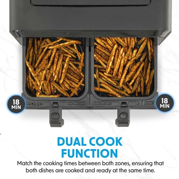 8L Dual Zone Air Fryer Oven - 8-in1 Easy Clean Black Worktop Cooker 2x 4L Basket - LoopsDirect