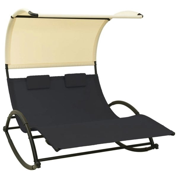 Berkfield Double Sun Lounger with Canopy Textilene Black and Cream