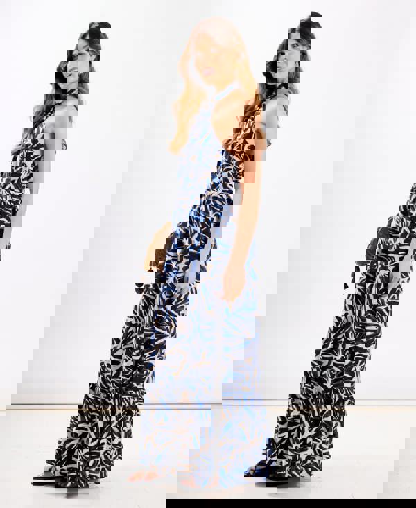 Navy Leaf Halter Maxi Dress