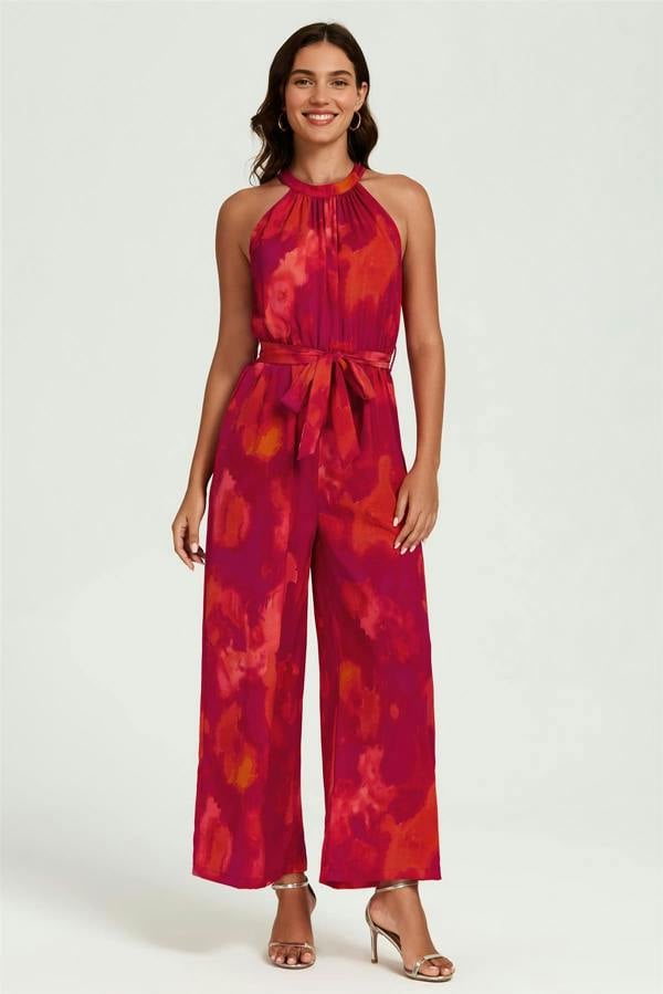 FS Collection Abstract Print Halter Neck Jumpsuit In Red
