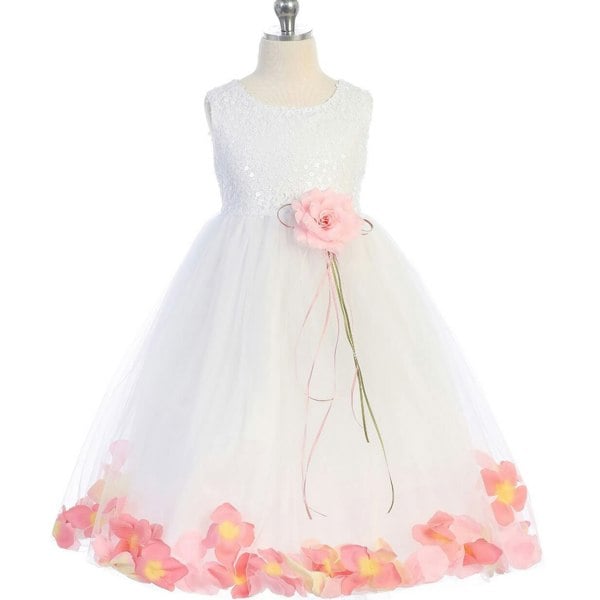 Squin white kenza dress with pink petals and sash
