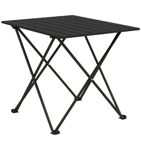Folding camping table with black slatted tabletop and X-frame metal legs