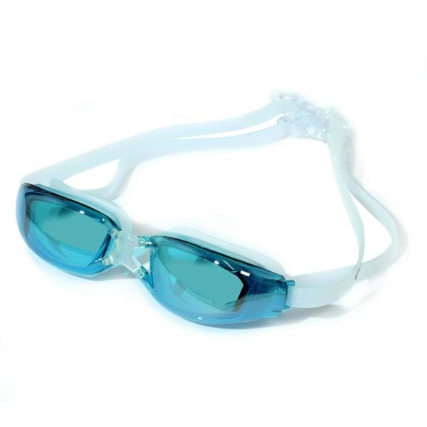 Optimum swimming goggles with turquoise tinted lenses and clear silicone strap, angled view on white - Optimum