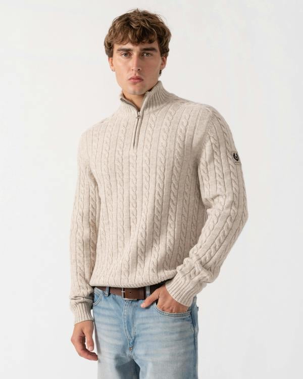 Model wearing Belstaff Mens Westport Quarter Zip Cable Knit Jumper - Pale Stone