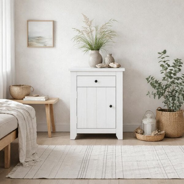 Wyld Haus Tralee Panelled White Washed Wooden Bedside Table