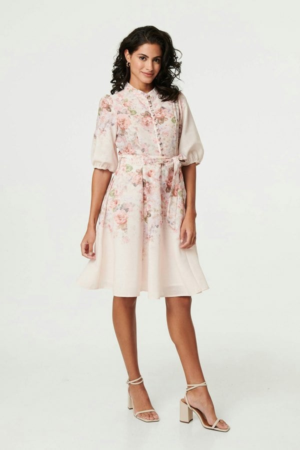 Cream | Floral 3/4 Puff Sleeve Knee Length Dress
