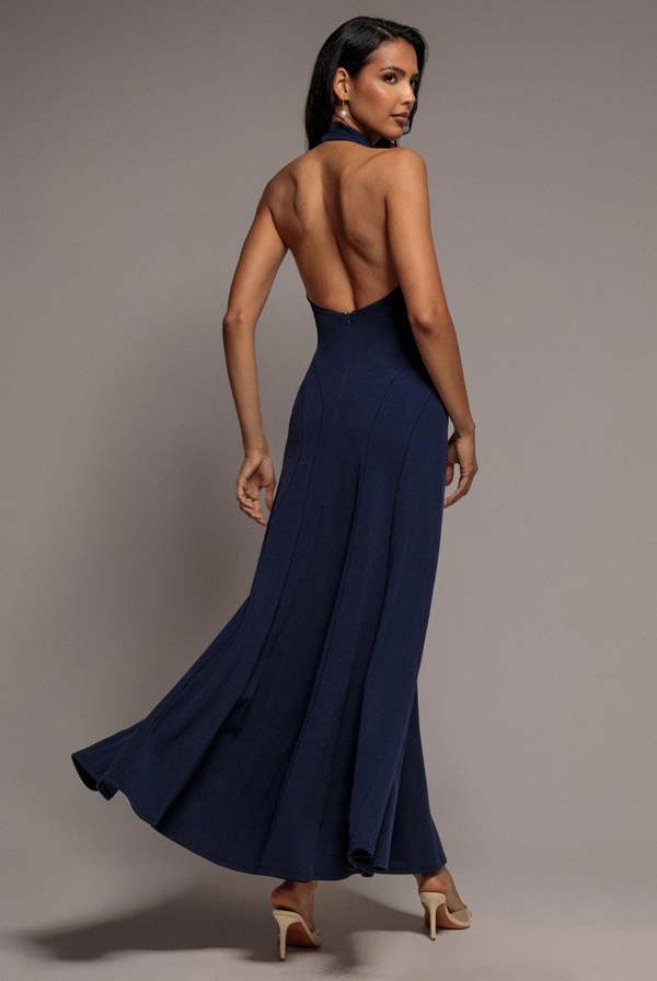 Halterneck Cowl Neck Backless Scuba Crepe Maxi Dress - Navy Blue DR5148