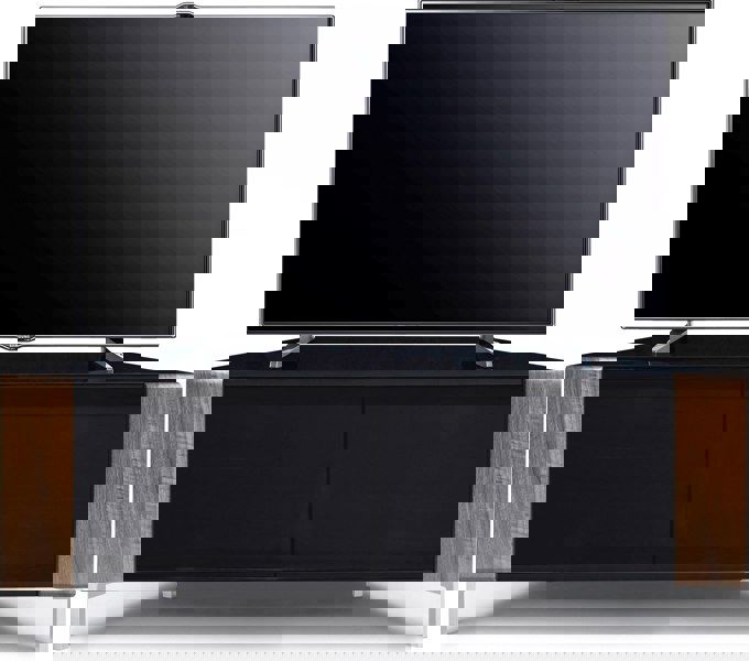 MDA Designs CORVUS Corner-Friendly Gloss Black Contemporary Cabinet with Walnut Profiles Black BeamThru Glass Doors for Flat Screen TVs up to 50"