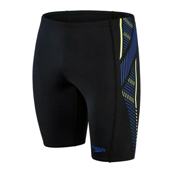 Black Speedo Tech Panel Jammer in eco Enduraflex fabric with blue yellow stripes