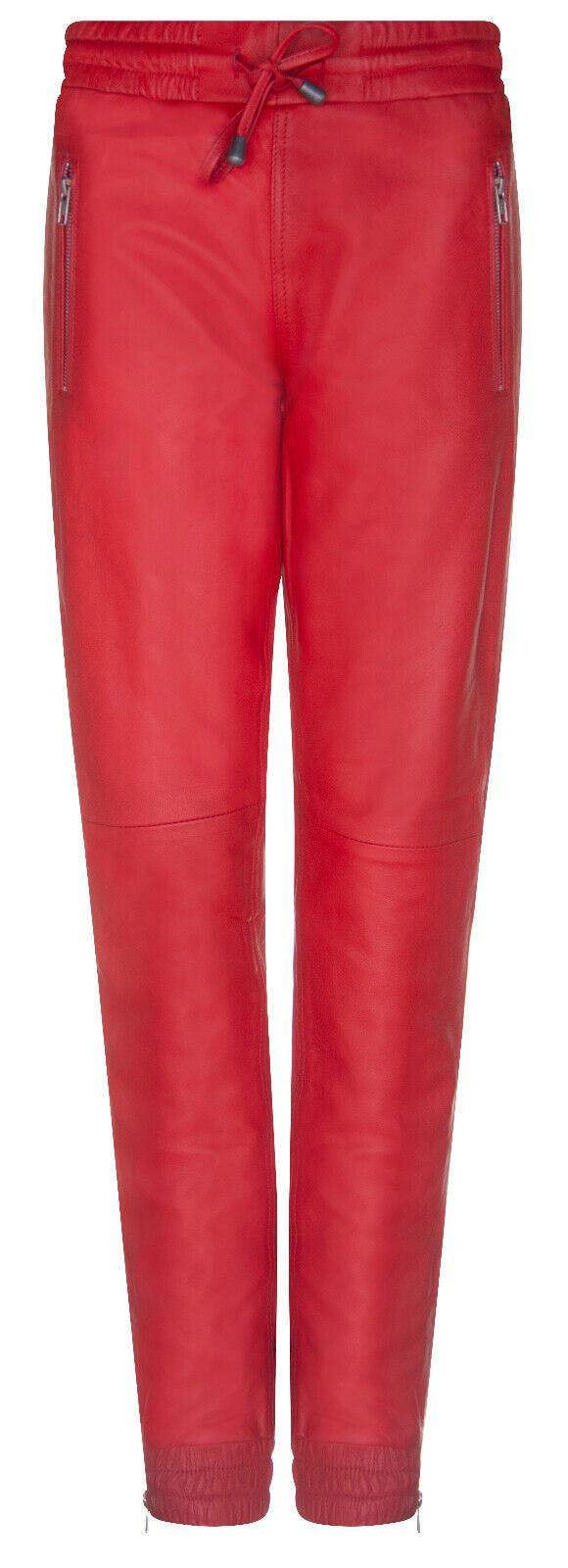 Infinity Leather Women's Red Nappa Leather Trousers Joggers