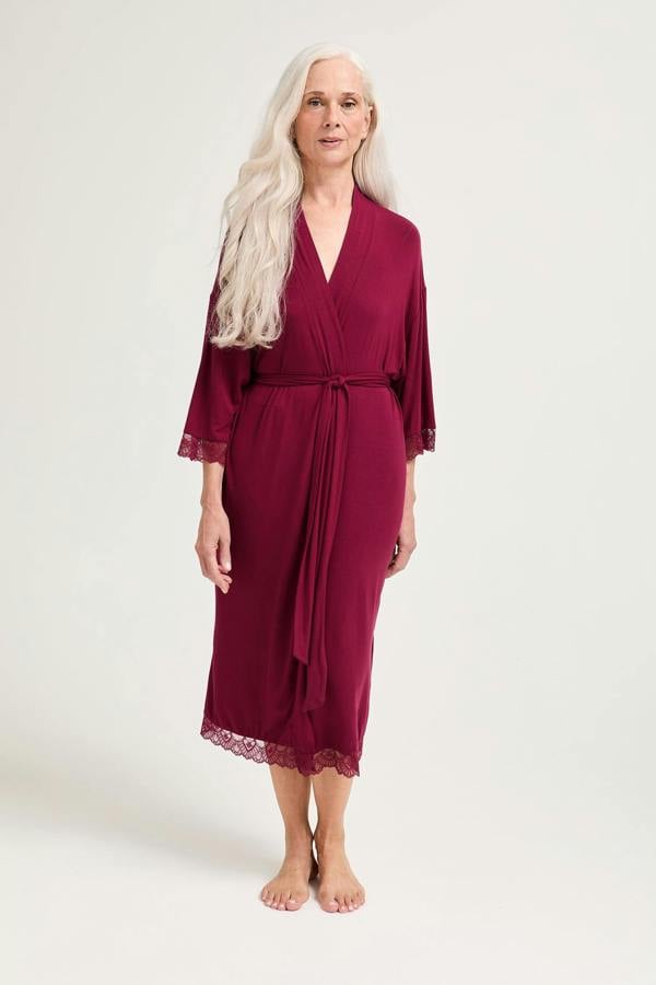 Bamboo Lace Kimono Robe in Bordeaux - Wholesale - Robes