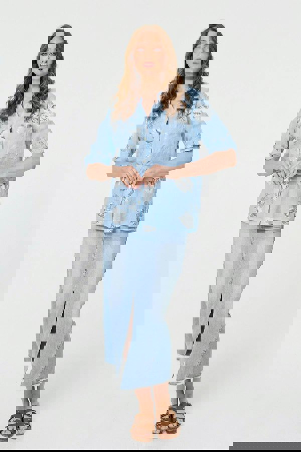 Light Blue | Floral 3/4 Turn-Up Sleeve Blouse