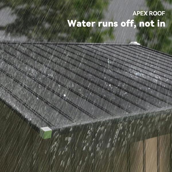 Sloped metal roof panel on a shed with water runoff over the surface
