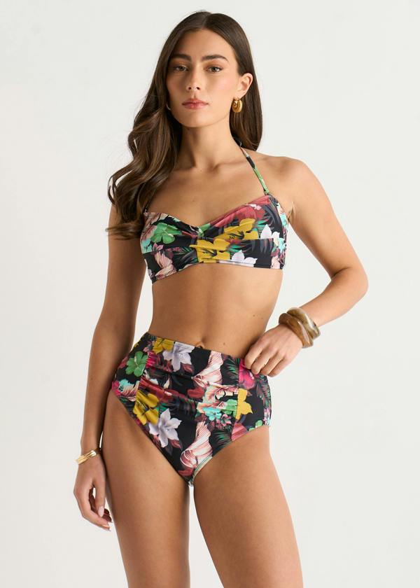 Gini London Multi Tropical Floral Ruched Panel Bikini Bottom