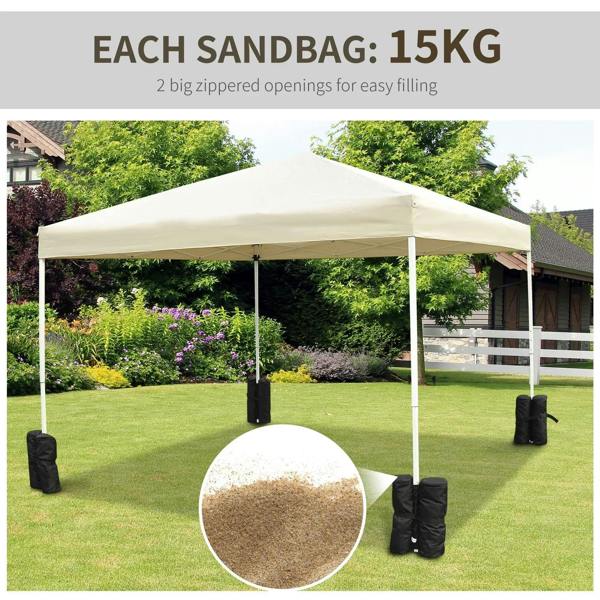 Black sandbag weight set for gazebo legs, shown with one bag filled