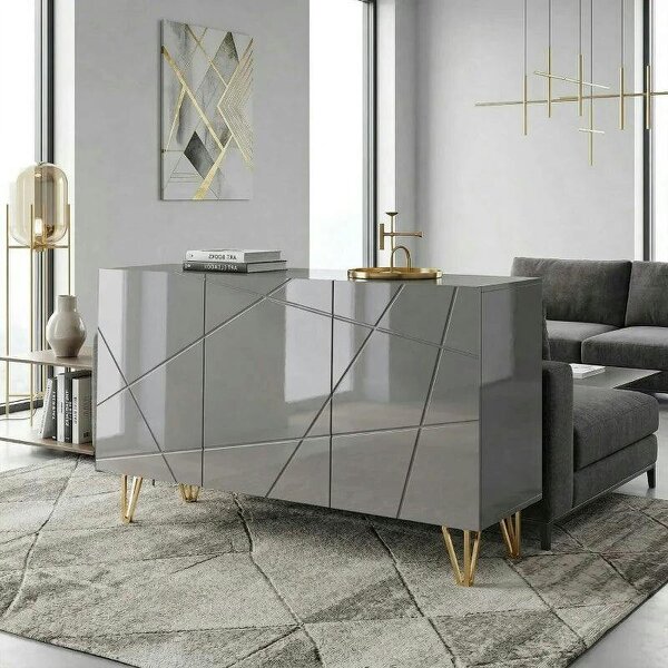 Modern Luxe High Gloss Sideboard, with Hairpin Legs, Grey
